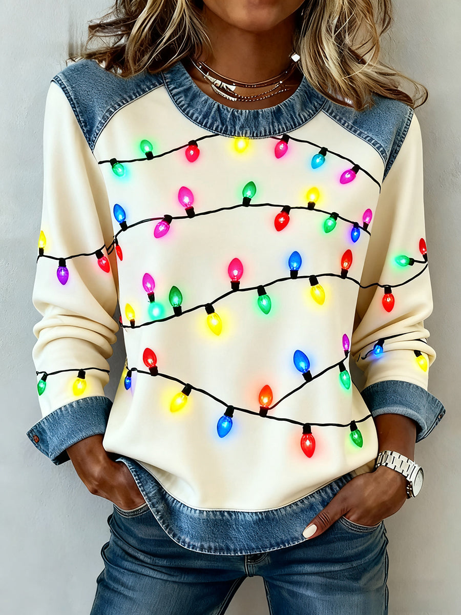Women's Vintage Christmas Denim Patchwork Sweatshirt