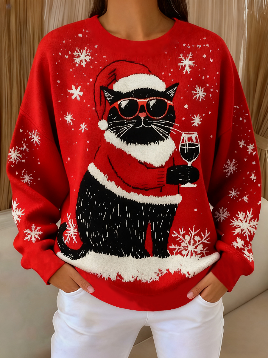 Women's Vintage Christmas Black Cat Printed Sweatshirt