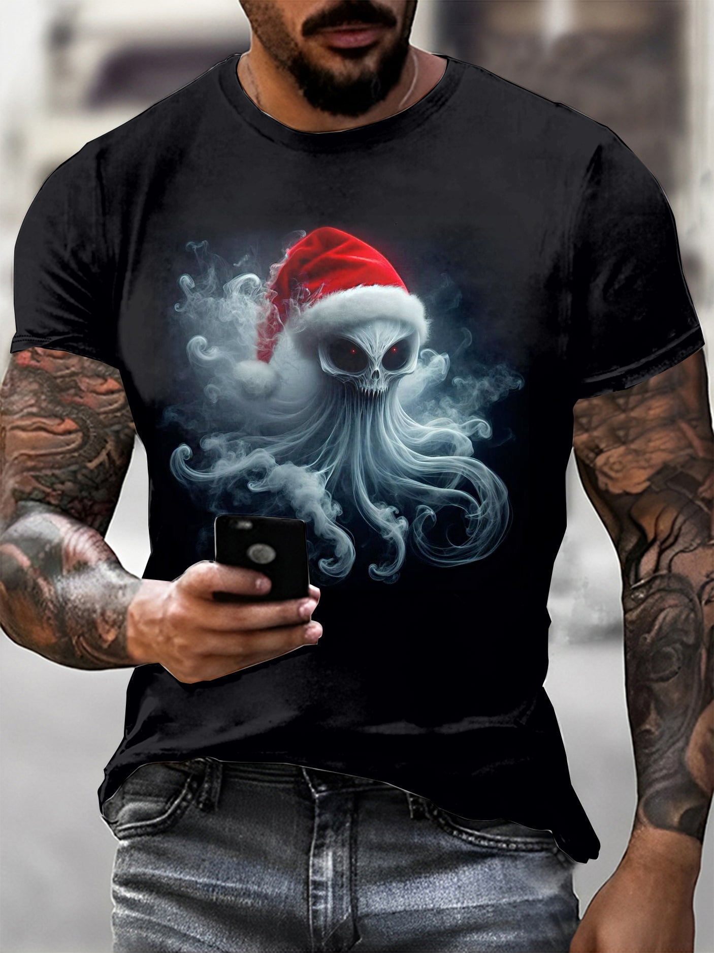 Men's Gothic Christmas Printed Vintage Fashion Loose Short Sleeve T-Shirt
