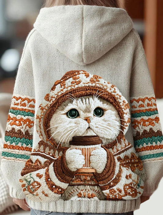 Women's Vintage Christmas Animal Art Casual Comfortable Knitted Hoodie