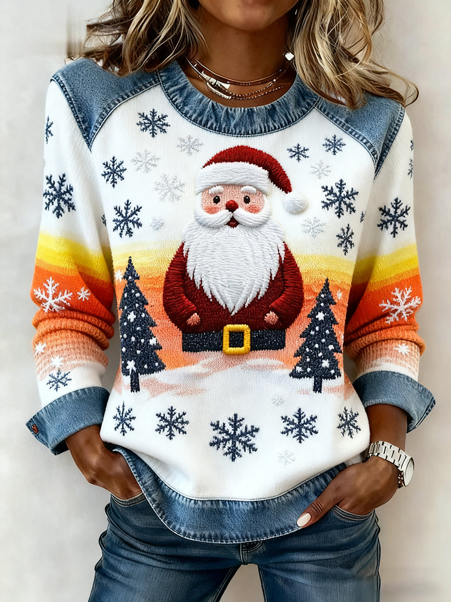 Women's Vintage Christmas Denim Patchwork Sweatshirt