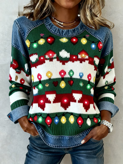 Women's Vintage Christmas Denim Patchwork Sweatshirt