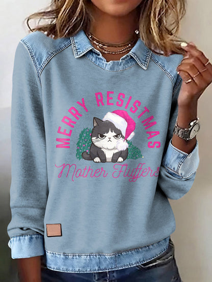 Women's Merry Resistmas Cat Printed Sweatshirt