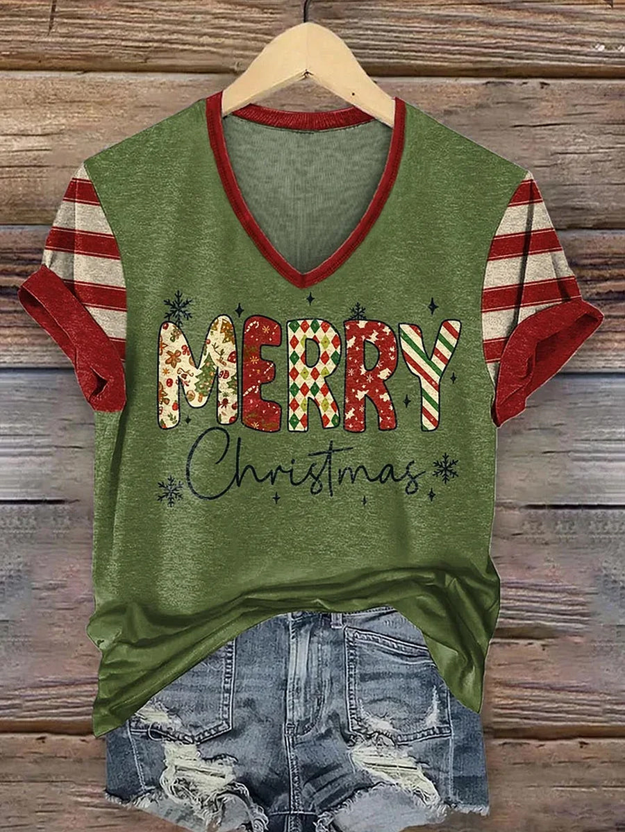 Women's Merry Christmas Casual V-Neck Tee