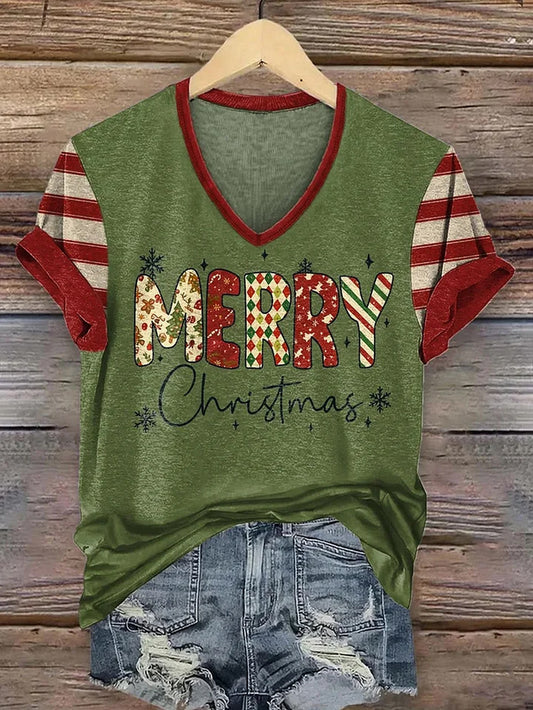 Women's Merry Christmas Casual V-Neck Tee