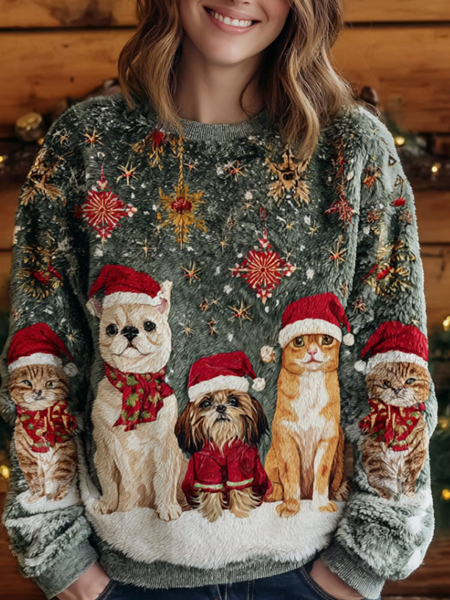 Women's Vintage Christmas Animal Art Print Comfortable Casual Sweater