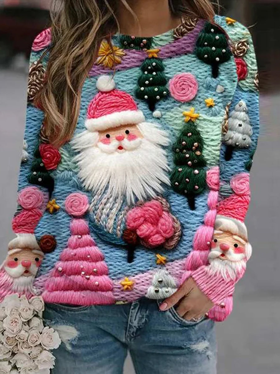 Women's Vintage Christmas Art Print Comfortable Casual Sweate