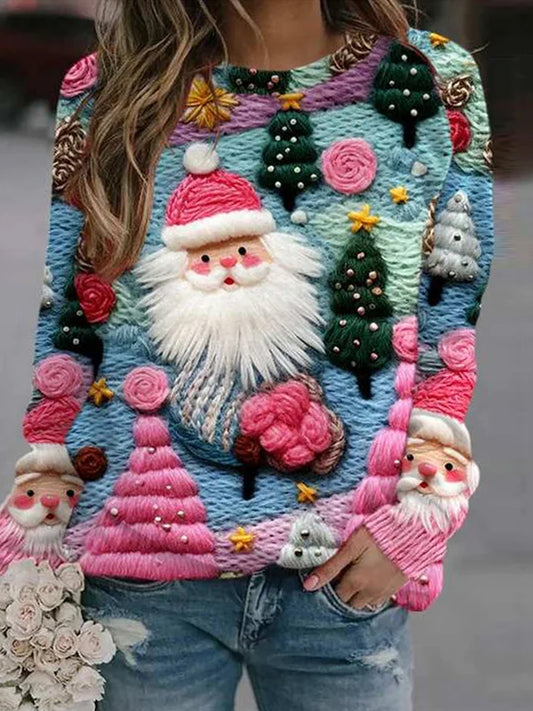 Women's Vintage Christmas Art Print Comfortable Casual Sweate