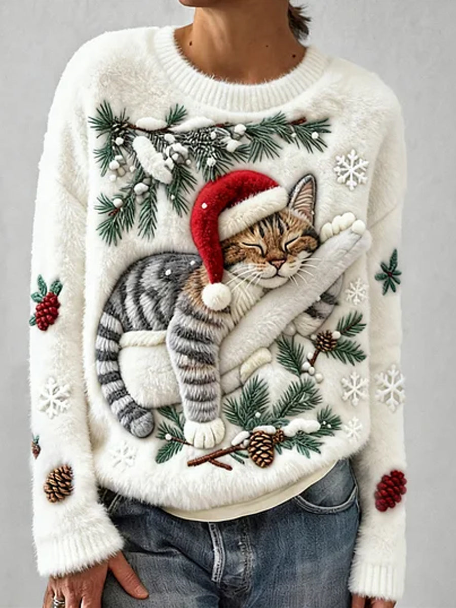 Women's Vintage Christmas Animal Art Print Comfortable Casual Sweater