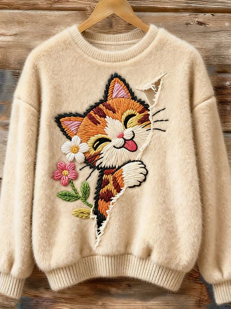 Women's Vintage Christmas Animal Art Print Comfortable Casual Sweater
