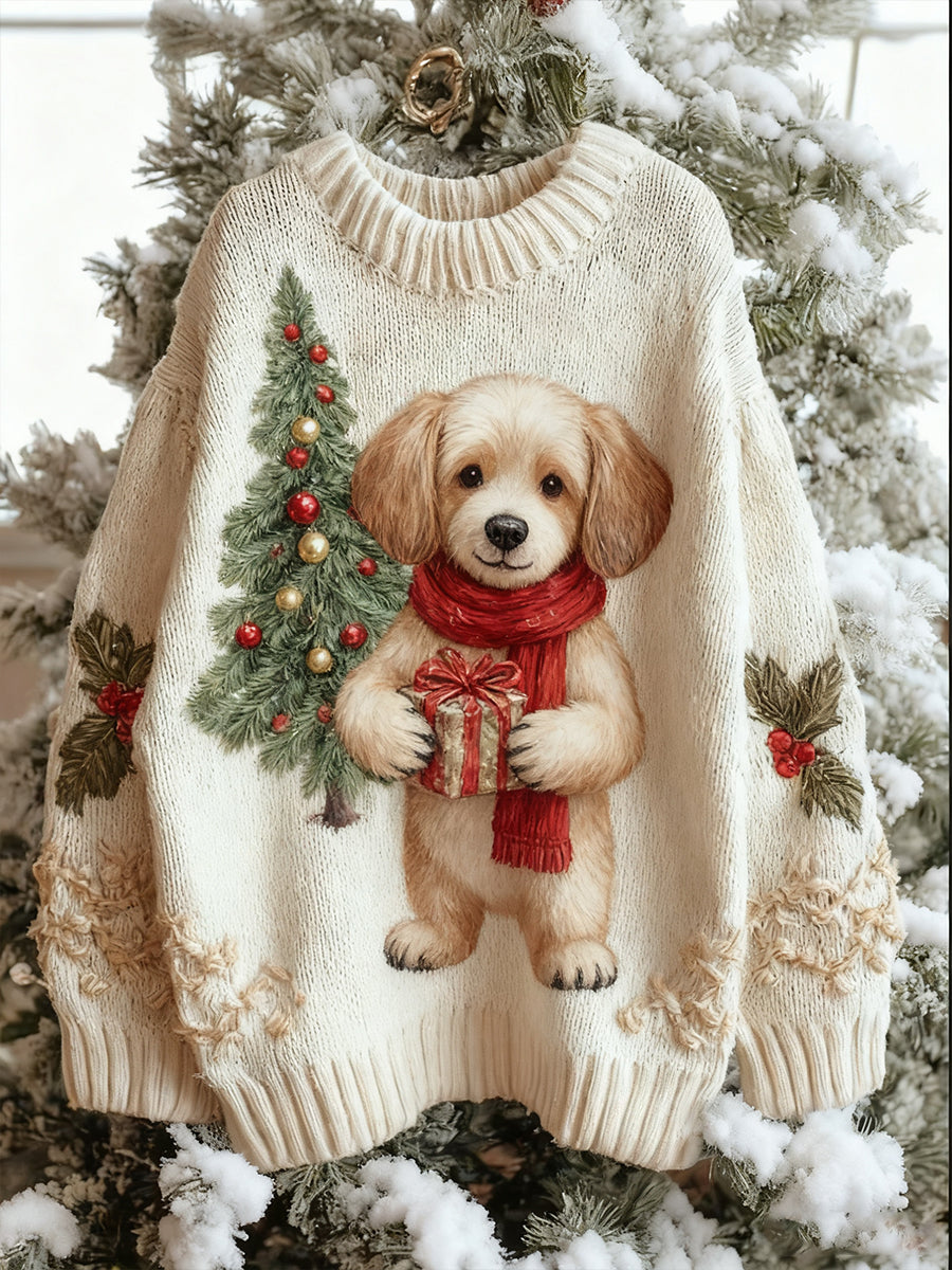 Women's Vintage Christmas Animal Art Print Comfortable Casual Sweater