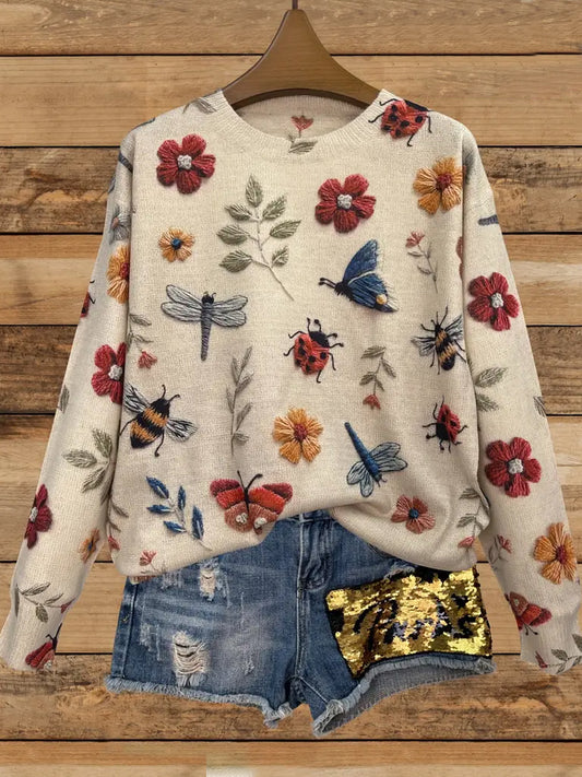 Women's Vintage Christmas Art Print Comfortable Casual Sweater