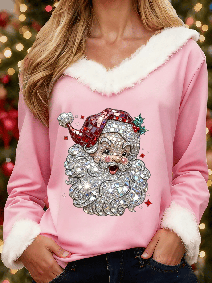 Women's Santa Claus Print Casual Fur Collar Top