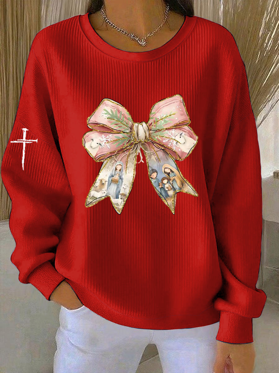Vintage Christmas Faith Jesus Bow Printed Casual Loose Long Sleeve Sweatshirt